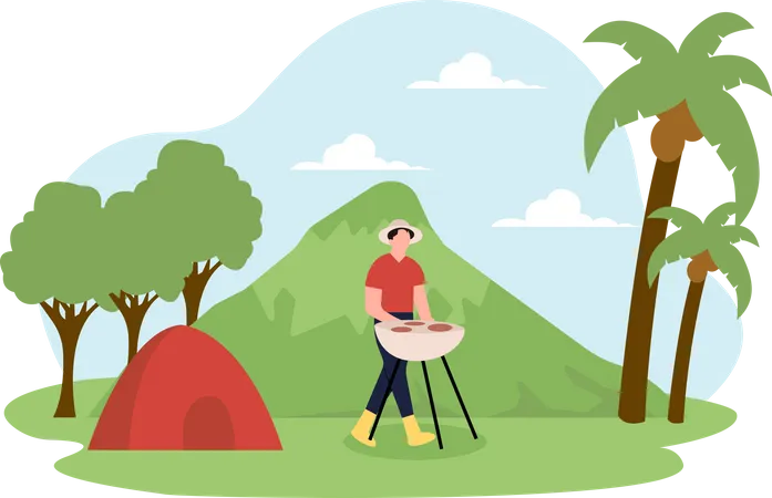 Man making a barbeque at a campsite  Illustration
