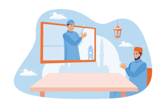 Man Making A Video Call With A Friend For Eid Greeting  Illustration