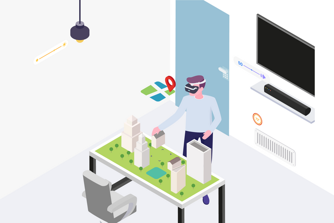 Man making architectural model using vr glasses  Illustration