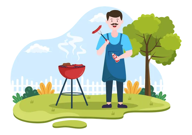 Man making barbeque on grill Illustration
