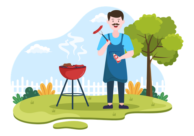 Man making barbeque on grill  Illustration