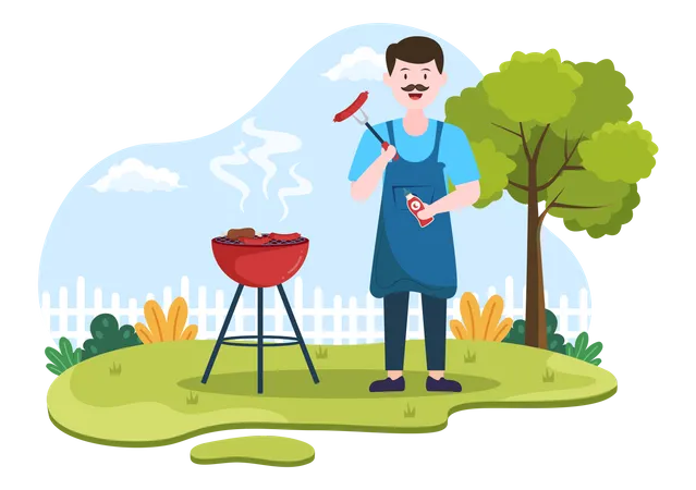 Man making barbeque on grill  Illustration