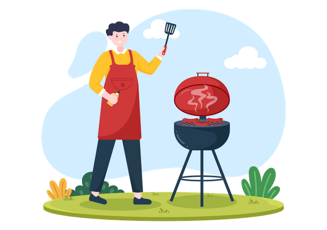 Man making barbeque with spatula  Illustration