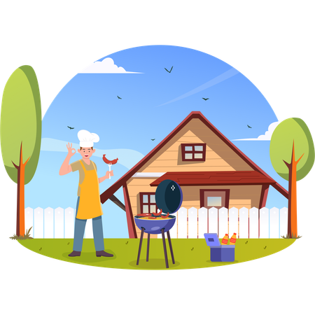 Man making bbq at backyard  Illustration