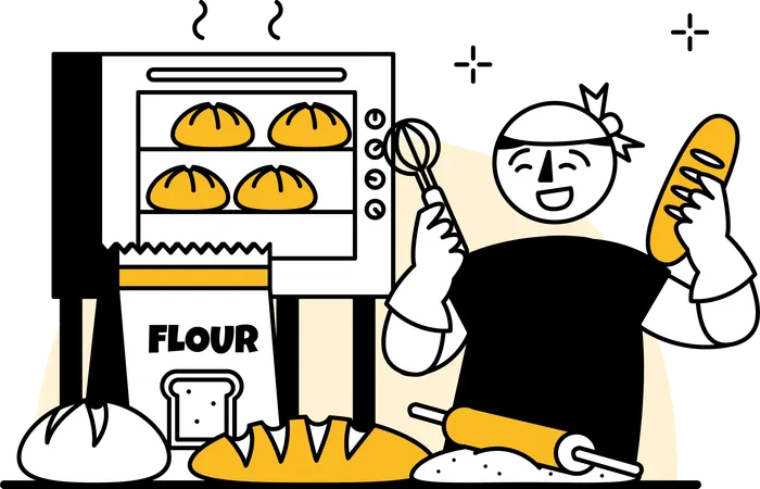 Illustrations Of A Man Making Bread Offer Creative And Captivating Visual Solutions Customized To Enhance Branding Marketing And Business Communication Strategies Through Imaginative Illustrations We Infuse Charm Humor And Personality Into A Variety Of Media Including Advertisements Social Media Content Presentations And More Illustration