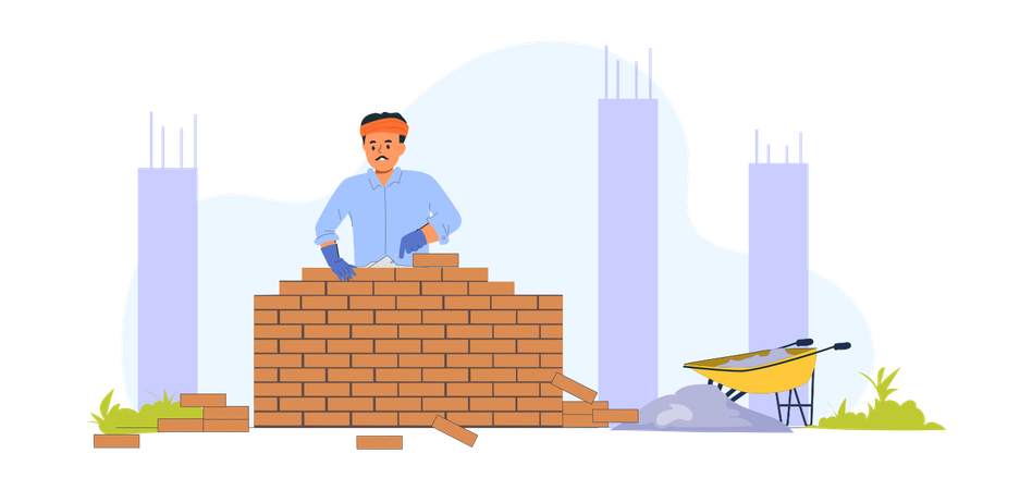 Man Making Bricks Wall At Construction  Site  Illustration