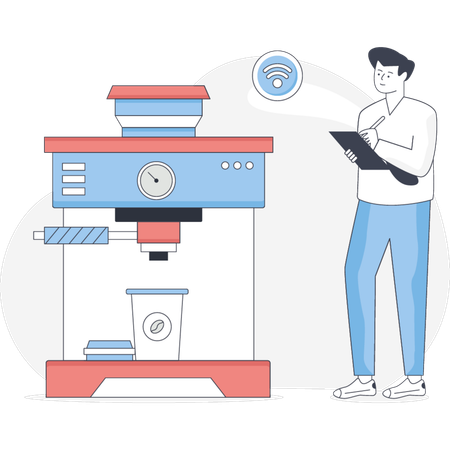 Man Making Coffee In Machine  Illustration