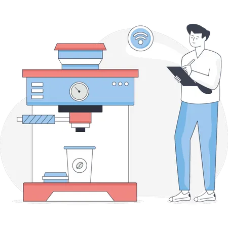 Man Making Coffee In Machine  Illustration