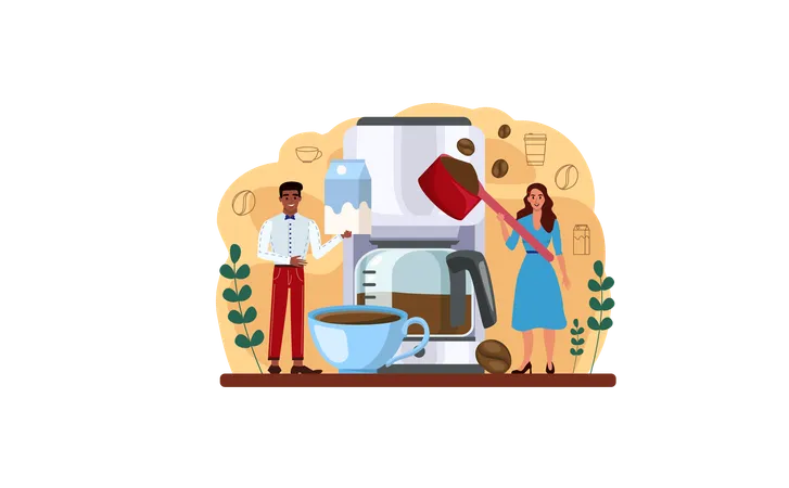 Coffee Machine Web Banner Or Landing Page Barista Making A Cup Of Hot Coffee On Drip Coffee Machine Energetic Tasty Beverage For Breakfast Flat Vector Illustration Illustration