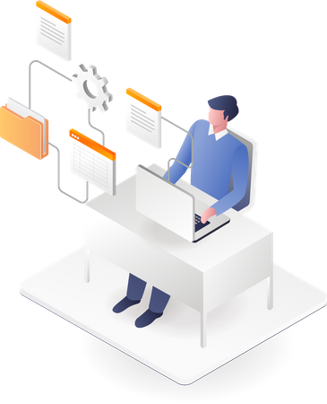 Man making documents at computer desk  Illustration