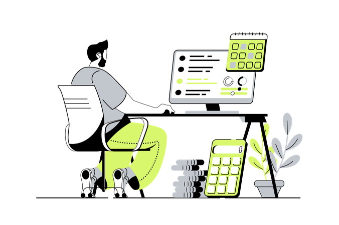 Man making financial statistics analysis and auditing personal finance with investment strategy  Illustration