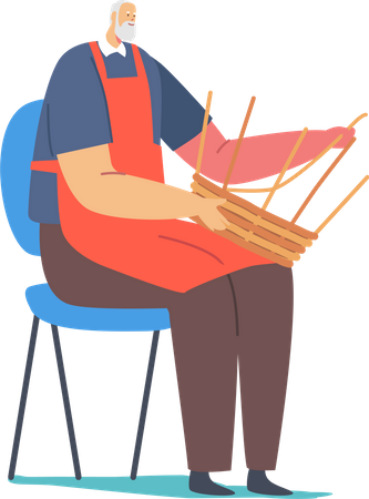 Man making handmade basket from wooden strips  Illustration