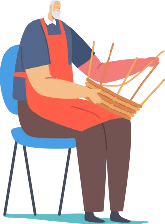 Man making handmade basket from wooden strips  Illustration