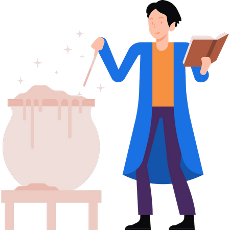 Man making magic potion from book  Illustration