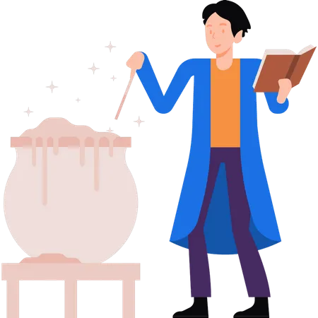 Man making magic potion from book  Illustration