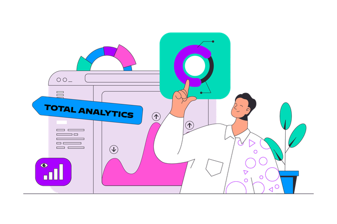 Man making marketing research and working with database and charts  Illustration