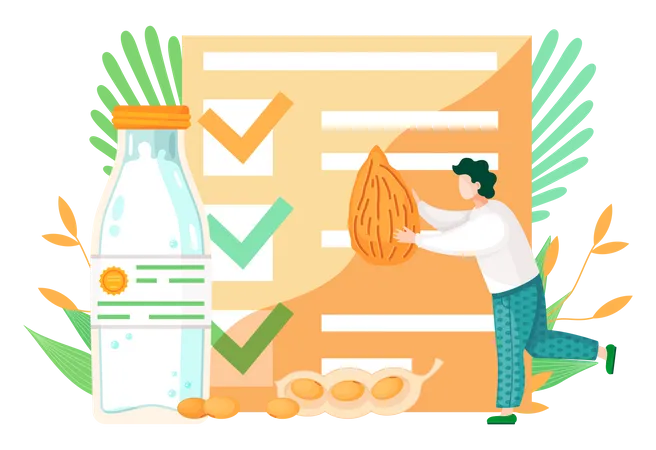 Guy Carries An Almond In His Hands To Make Organic Natural Drink From It Male Vegan With A Marked Checklist On The Background Walking Towards Bottle Of Vegan Milk A Man Adheres To Healthy Lifestyle Illustration
