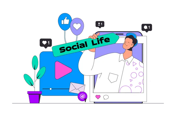 Social Media Concept In Modern Flat Design For Web Man Making New Post With Selfie Photo Collecting Likes And Followers Comments Vector Illustration For Social Media Banner Marketing Material Illustration