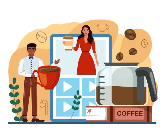 Coffee Machine Online Service Or Platform Barista Making A Cup Of Coffee Espresso Capsule Drip Automatic Coffee Machine Video Blog Website Flat Vector Illustration Illustration