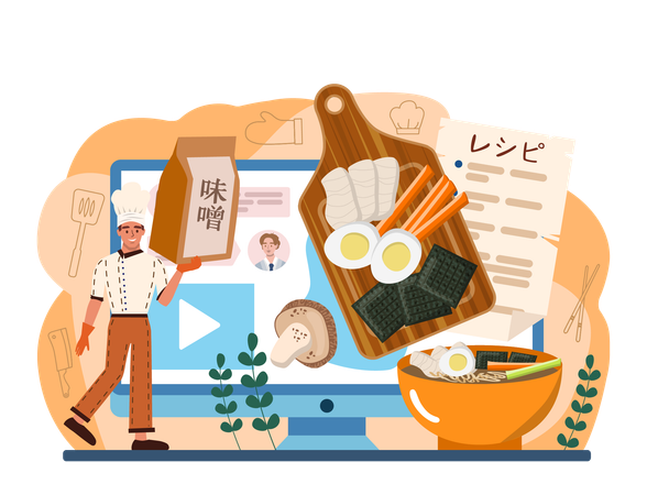 Man making online Japanese food  イラスト