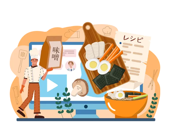 Ramen Noodles Online Service Or Platform Traditional Japanese Food Bowl Of Soup With Noodles Asian Cuisune Restaurant Online Recipe Flat Vector Illustration Illustration