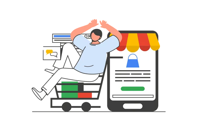 Mobile Commerce Outline Web Concept With Character Scene Man Making Online Purchases Ordering In App People Situation In Flat Line Design Vector Illustration For Social Media Marketing Material Illustration