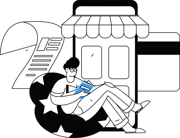 Man making online purchases from digital store  Illustration