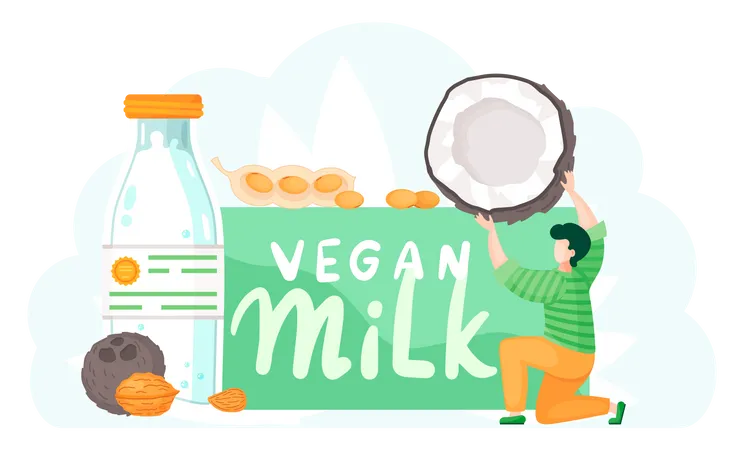 A Guy Carries Coconut In His Hands To Make Organic Natural Drink From It Man With A Nut On The Background Of Turquoise Lettering Plastic Bottle With Vegan Milk With Label Veganism Concept Illustration