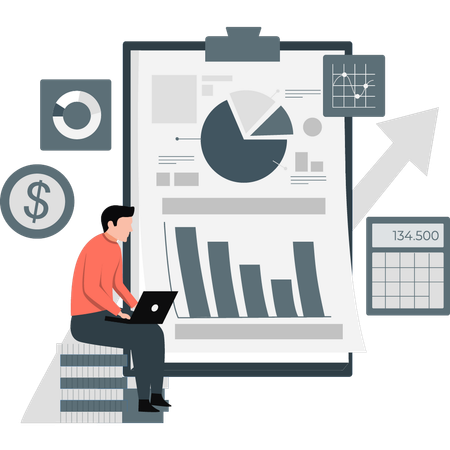 Man making pie chart on laptop  Illustration