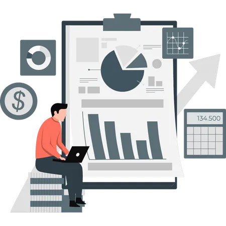 Man making pie chart on laptop  Illustration