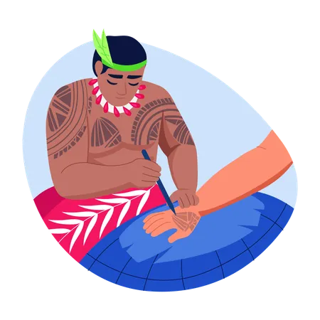Man making polynesian tattoo  Illustration