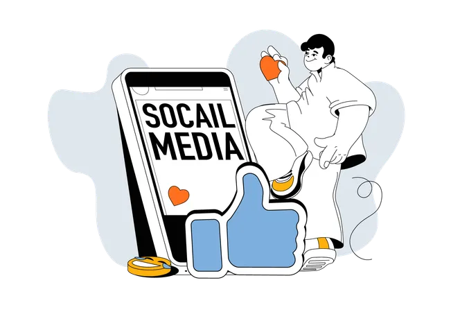 Social Media Outline Web Modern Concept In Flat Line Design Man Making Posts In Online Profile Collects Likes And Follower Comments Vector Illustration For Social Media Banner Marketing Material Illustration