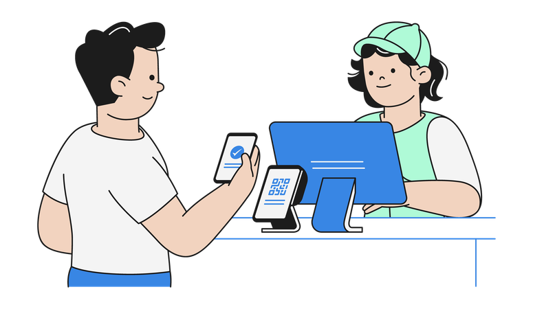 Man Making Secure QR Code Payment Transaction at Retail Store  Illustration