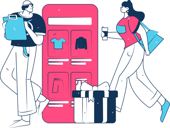 Man Making Shopping List While Girl Walking And Both Doing Online Shopping  Illustration