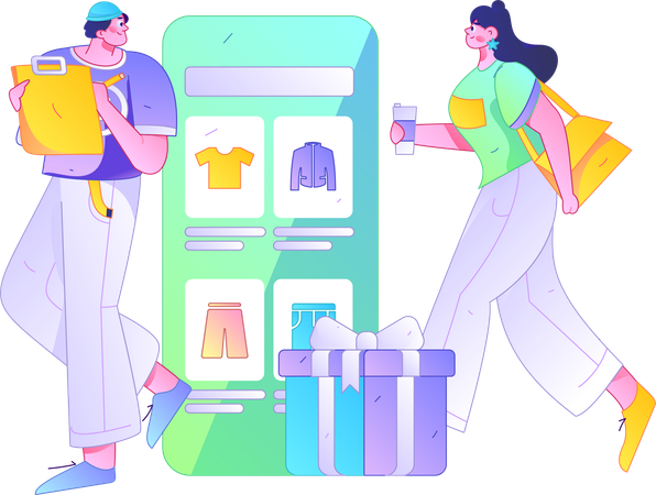 Man making shopping list while girl walking and both doing online shopping  Illustration