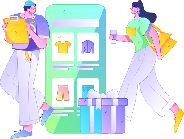 Man making shopping list while girl walking and both doing online shopping  Illustration