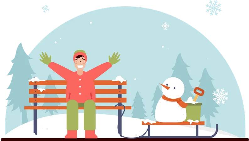 In The Midst Of A Serene Snowscape A Joyful Man Is Happily Crafting A Snowman Surrounding Him Trees Are Adorned With A White Snow Blanket Creating A Magical And Tranquil Background For This Creative Moment This Illustration Can Be Used For Various Purposes Such As Posters Landing Pages And Other Promotions Illustration