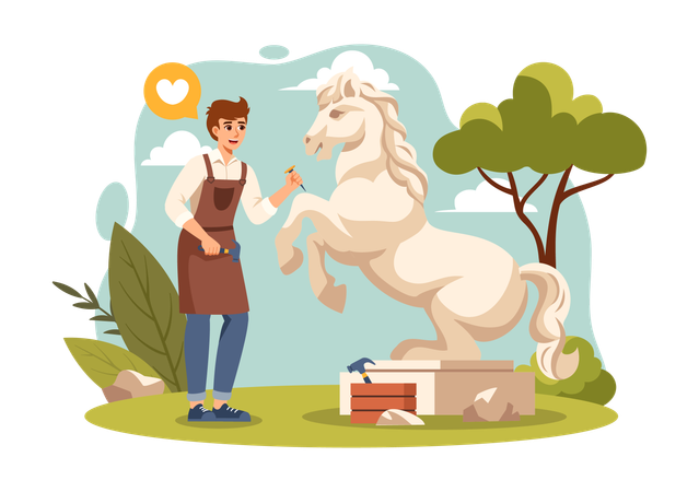 Man making Stone Sculpture of horse  Illustration