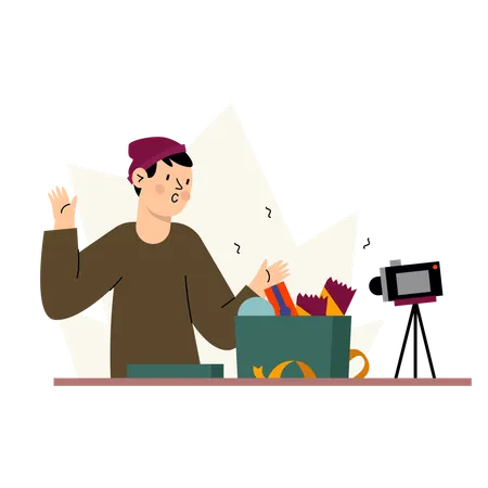 Man making video of Unboxing Product  Illustration