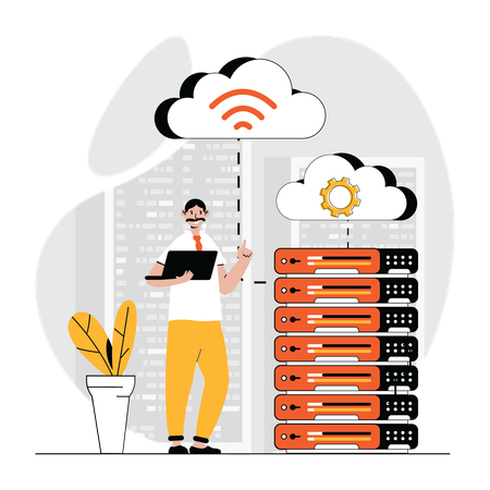 Man managing cloud data server  Illustration