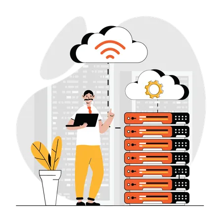 Man managing cloud data server  Illustration