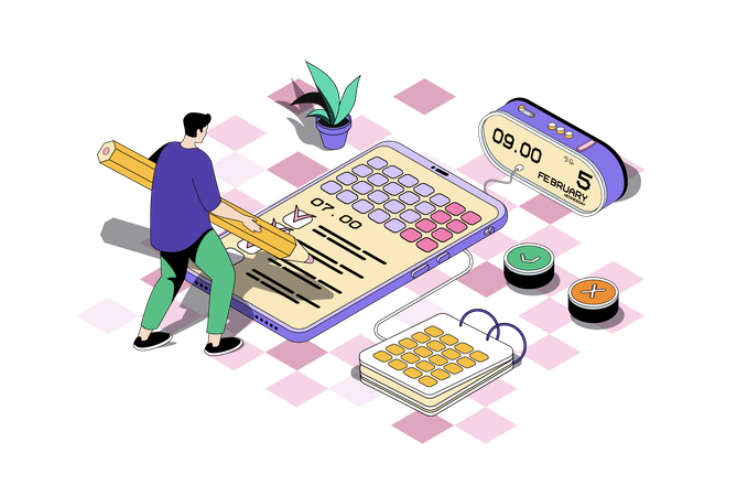 Man managing time using mobile calendar and working with task list  Illustration