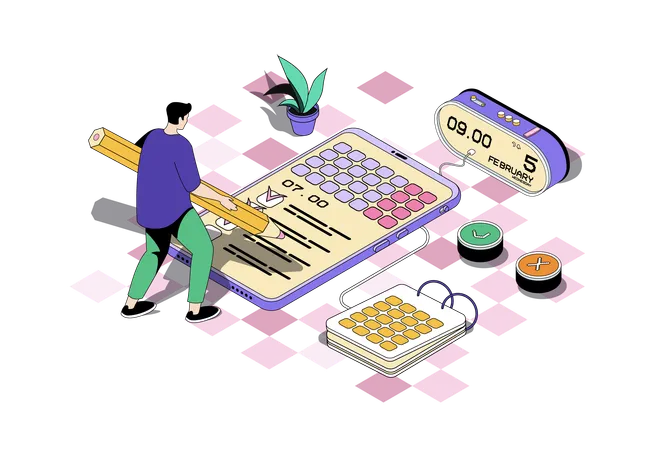 Man managing time using mobile calendar and working with task list  Illustration