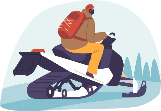 Man Skillfully Maneuvers A Snowmobile Through The Pristine Winter Landscape Leaving A Trail Of Powder In His Wake Male Character Riding Winter Vehicle Rear View Cartoon People Vector Illustration イラスト