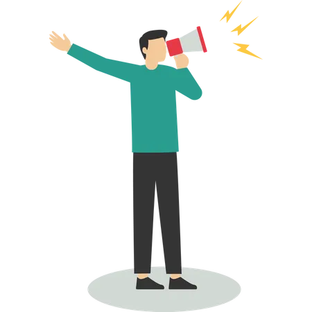 Man Standing And Communicating Via Megaphone Announce The Message Concept Talk To People Promotion Attention Vector Illustration Illustration