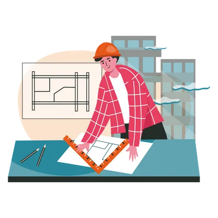 Man measuring building plan Illustration