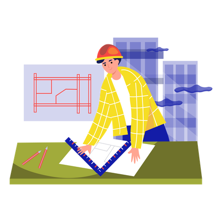 Man measuring building plan  Illustration