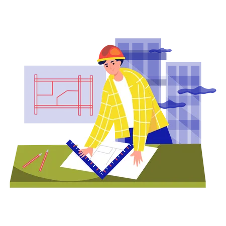 Man measuring building plan  Illustration