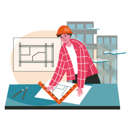 Man measuring building plan  Illustration