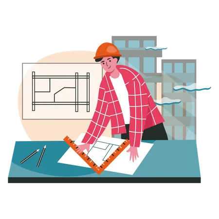 Man measuring building plan  Illustration